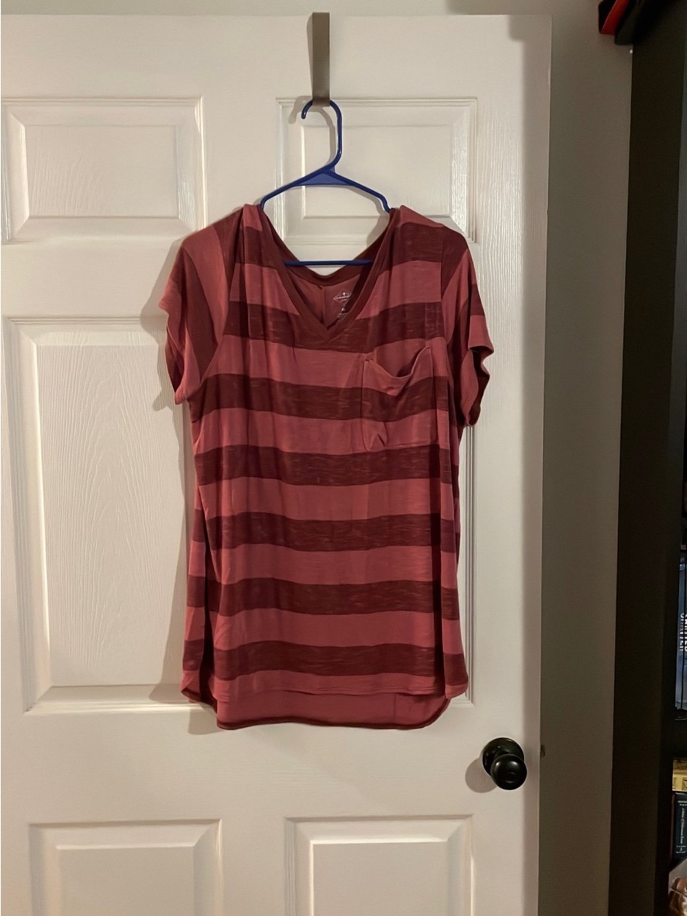 St. John's Bay Striped V-Neck Pocket Tee - Rose and Burgundy